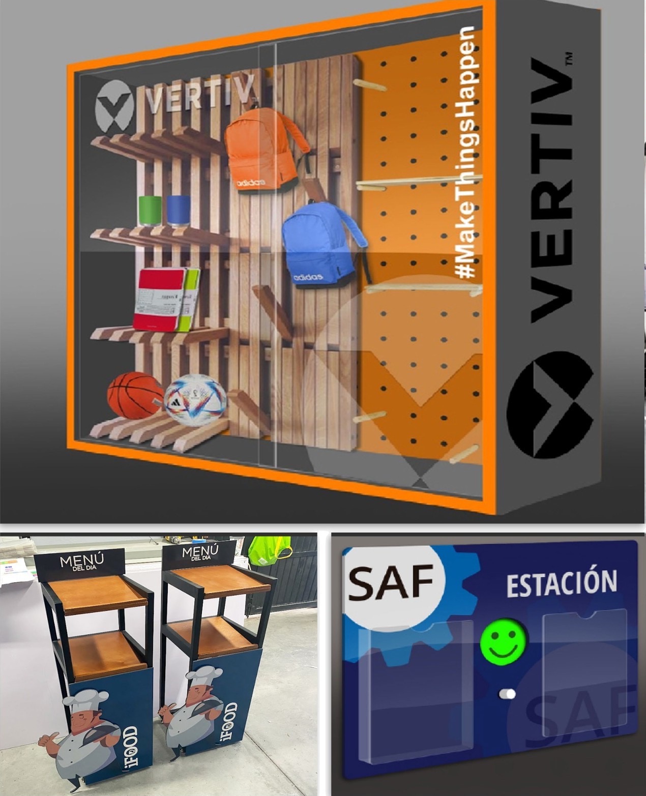 Exhibidor Vertiv y estaciones de comida industriales