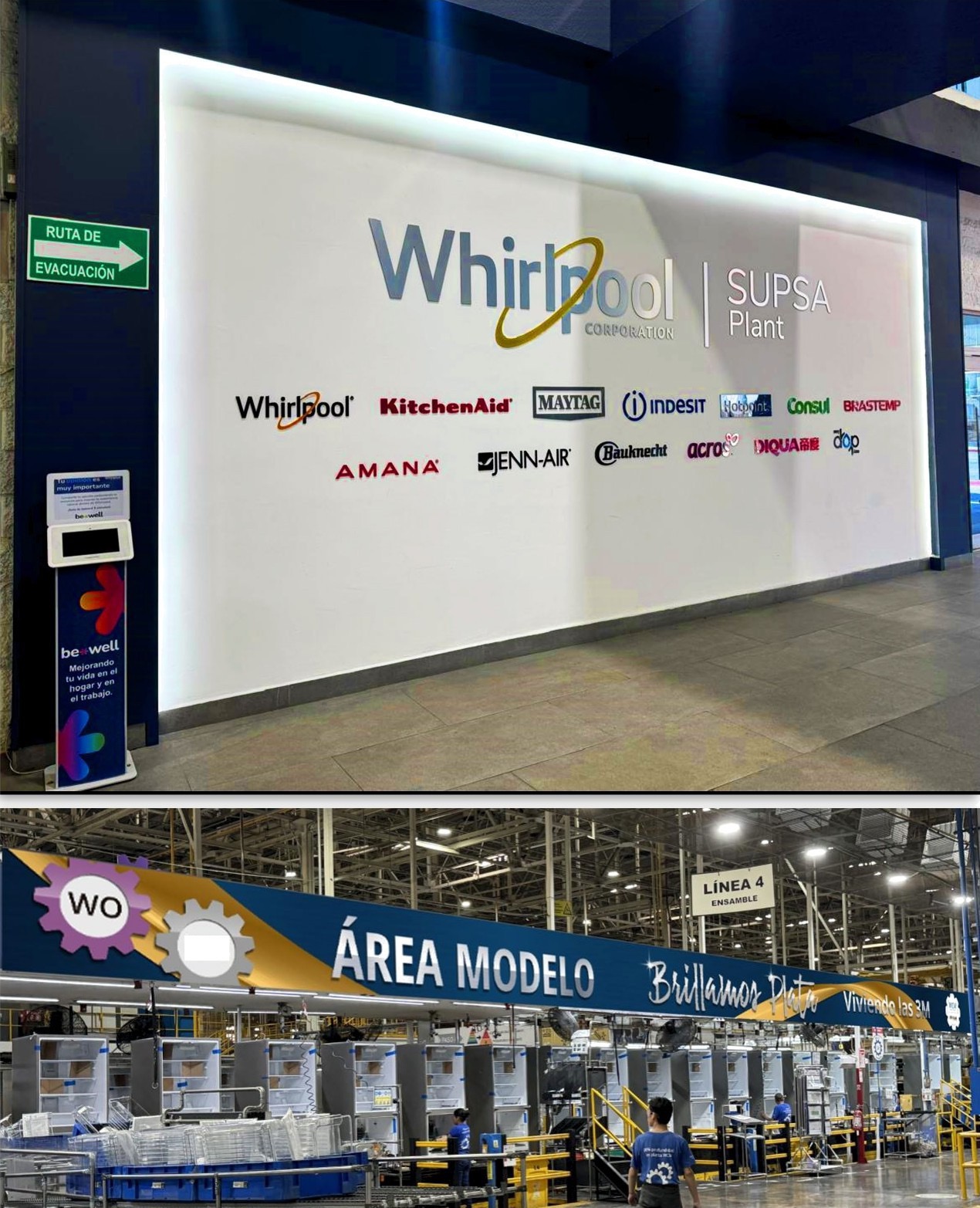 Muro corporativo Whirlpool SUPSA con marcas iluminadas